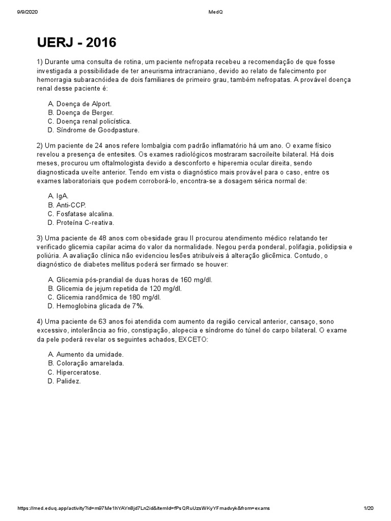 Questões UERJ: Residência Médica 2016 | PDF | Câncer de mama | Câncer