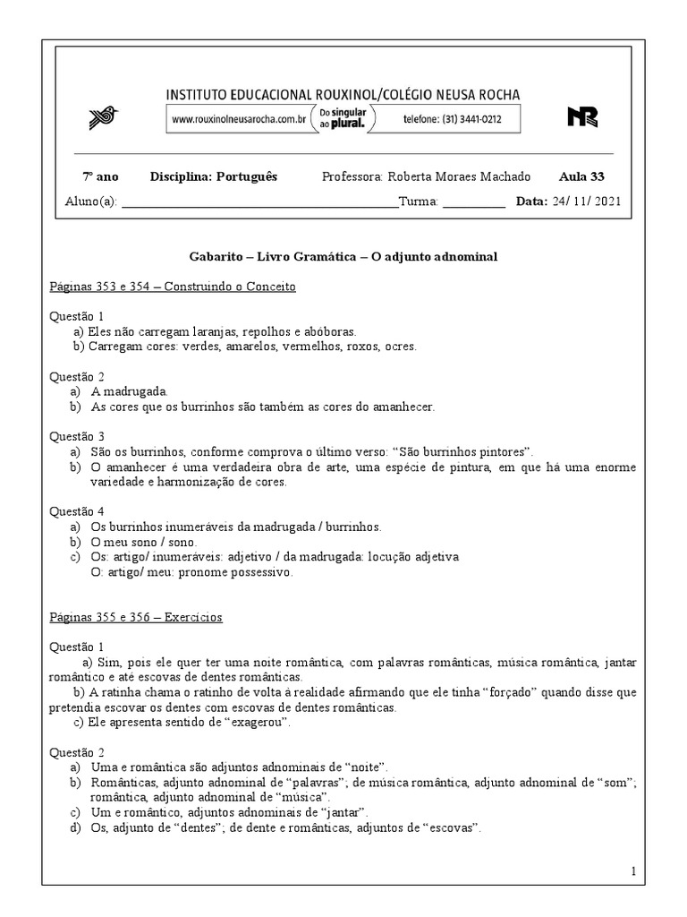 Gabarito: Adjunto Adnominal 7º Ano | PDF | Linguística
