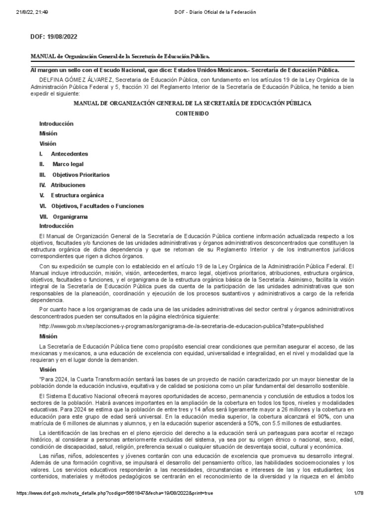 Manual de Organización General de La SEP | PDF | México | Educación de ...