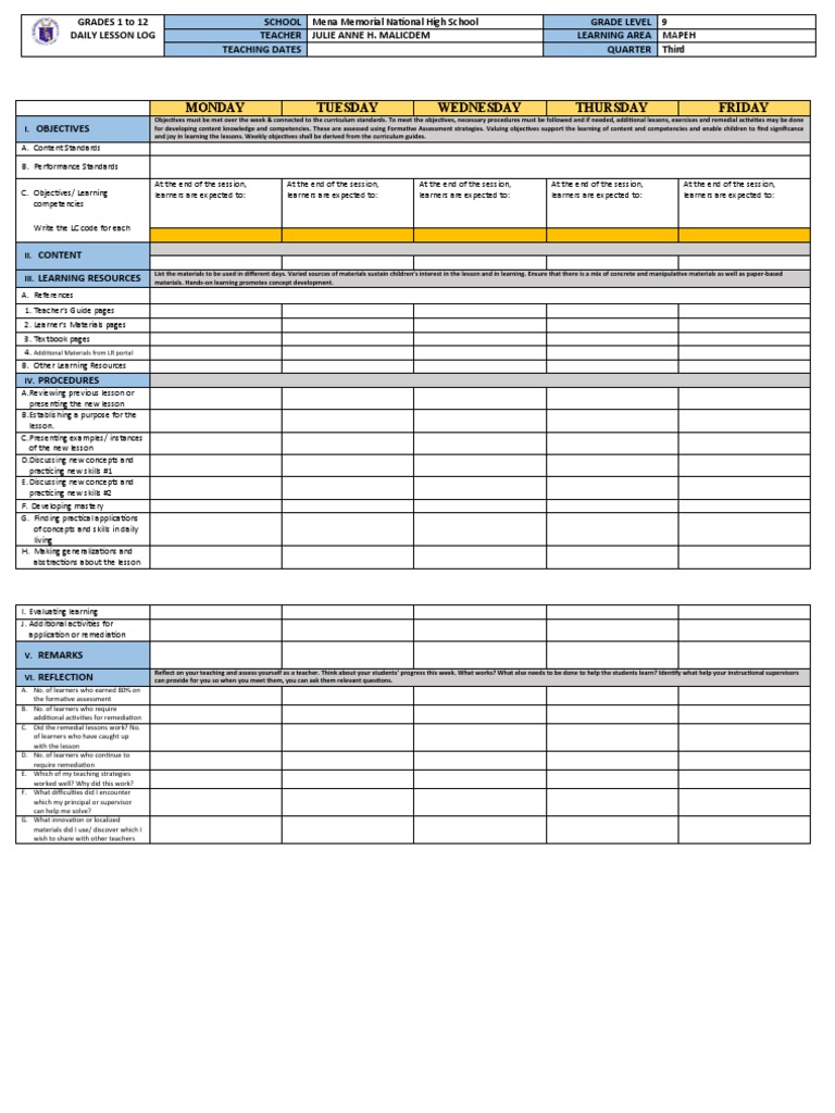Grade 9 MAPEH Daily Lesson Log | PDF | Teaching Method | Learning