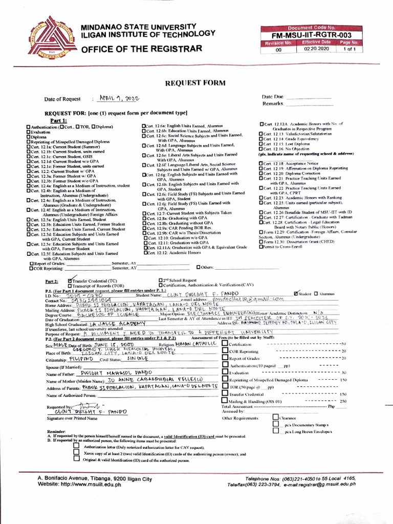 MSU-IIT Registrar Request Form | PDF | Thesis | Undergraduate Education