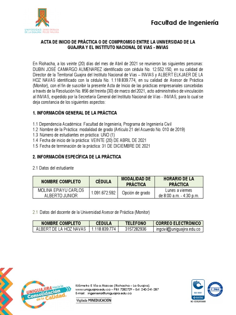 Acta de Inicio de Práctica Uniguajira | PDF