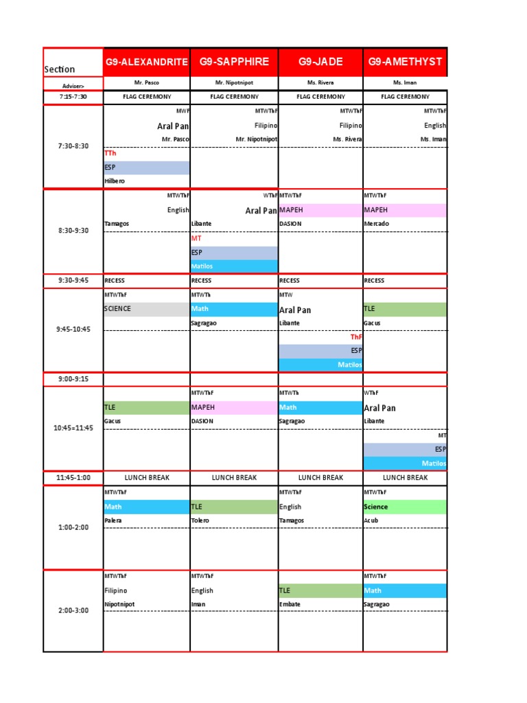 Grade 9 Class Schedule Overview | PDF