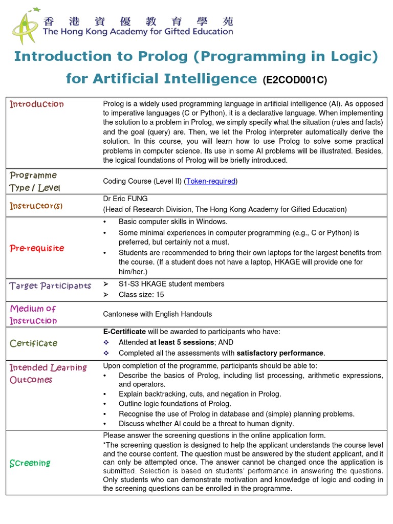 Introduction To Prolog (Programming in Logic) For Artificial ...