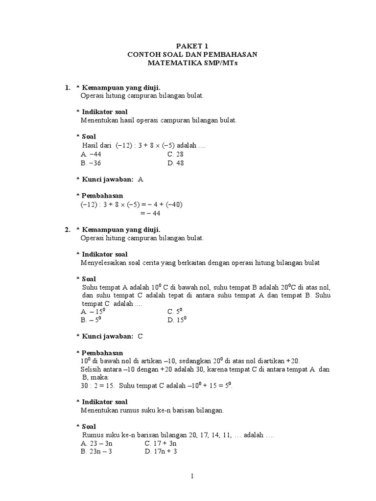 Contoh Soal Matematika SMP/MTs | PDF