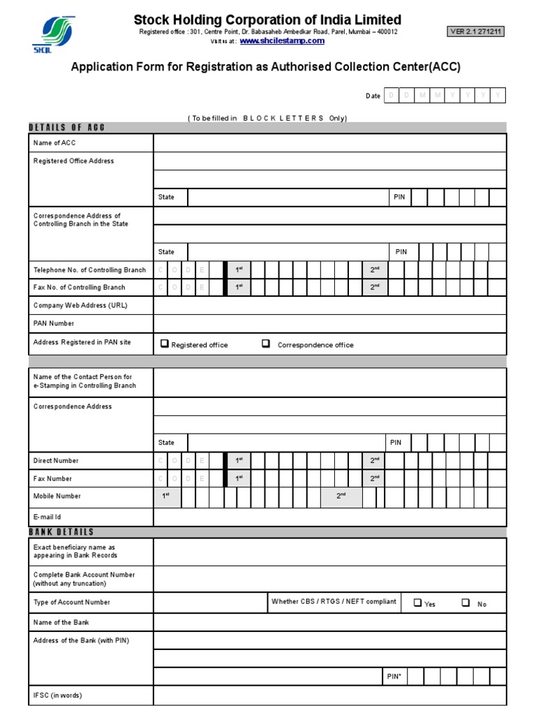 Application Form For Registration As Authorised Collection Center (ACC