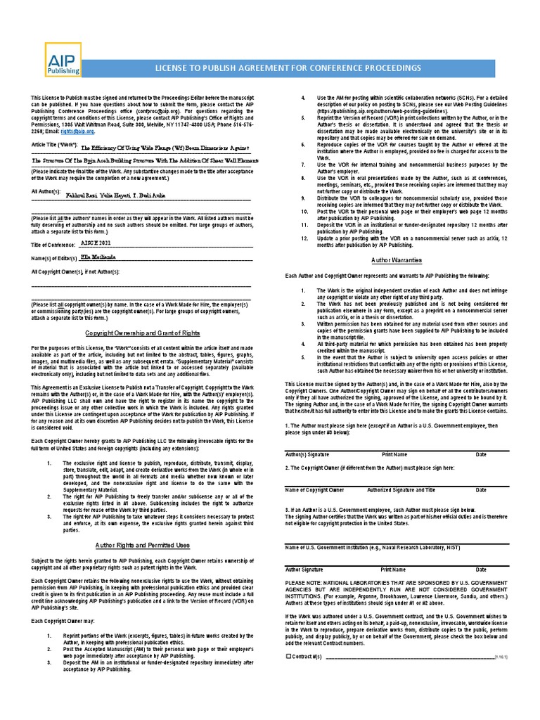 License To Publish Agreement For Conference Proceedings Author