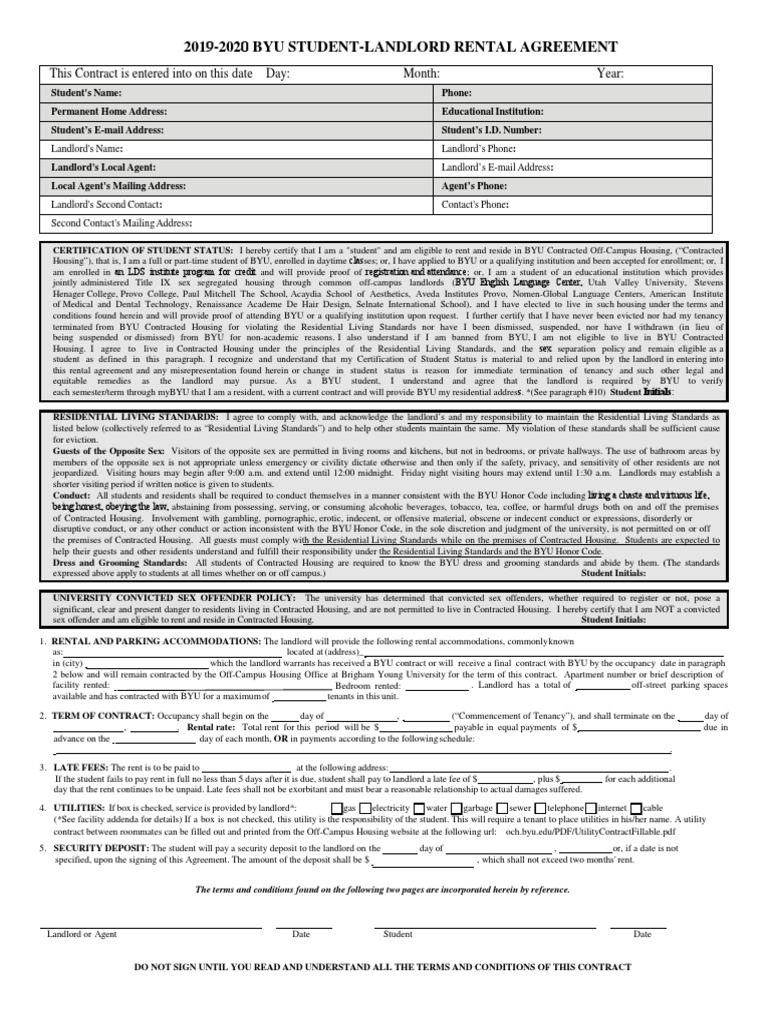 201 9-2020 Byu Student-Landlord Rental Agreement: This Contract Is ...