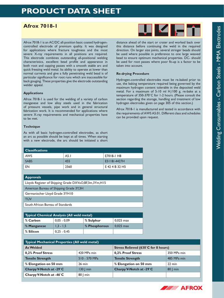 Afrox 7018-1 Electrode Specifications | PDF | Welding | Construction