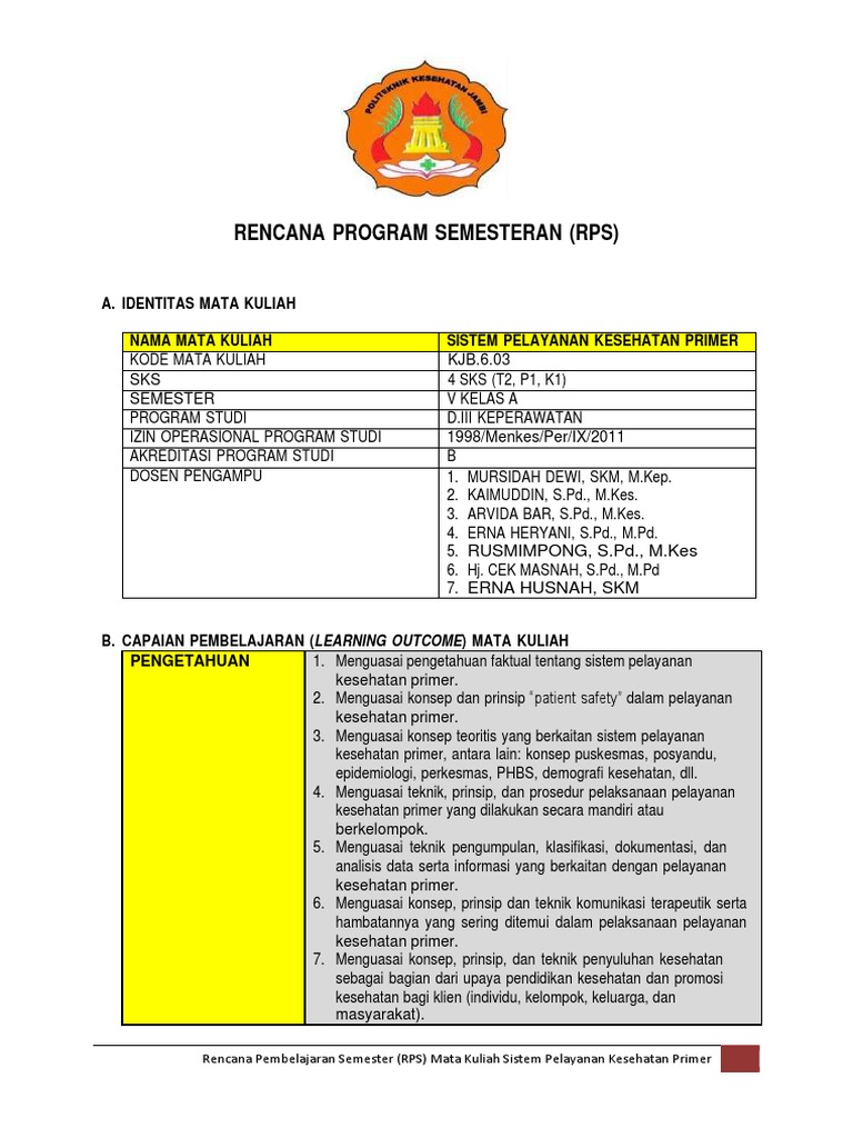 RPS Sistem Pelayanan Kesehatan Primer | PDF