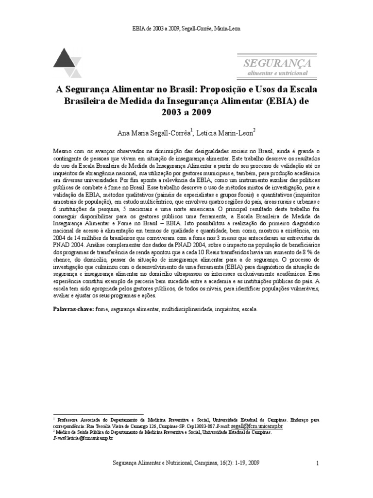 Escala de Ebia Artigo PDF Fome Segurança dos alimentos