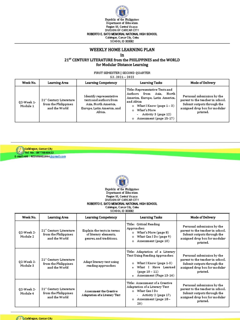 Weekly Home Learning Plan In: 21 Century Literature From The
