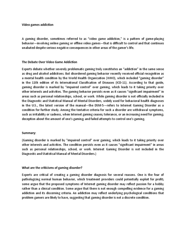 Video Games Addiction PDF Mental Disorder Diagnostic And