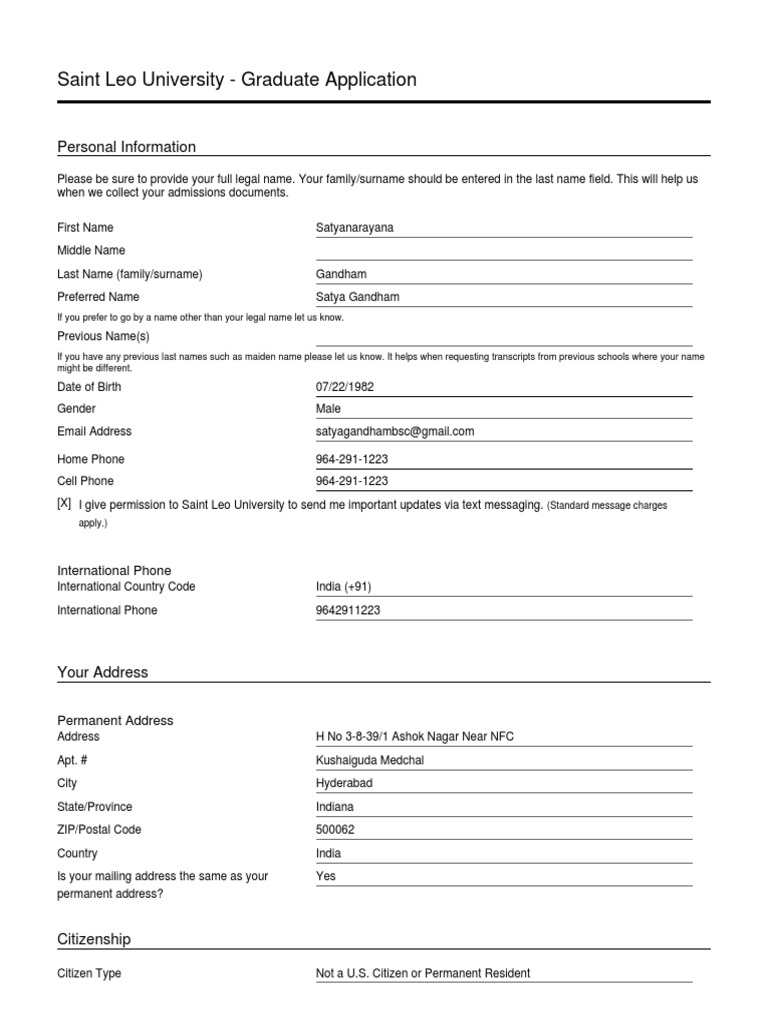 Saint Leo University Graduate Application Personal Information PDF