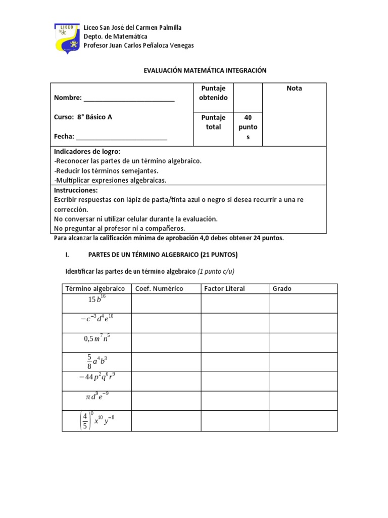 Octavo Básico Evaluación Matemática Integración | PDF