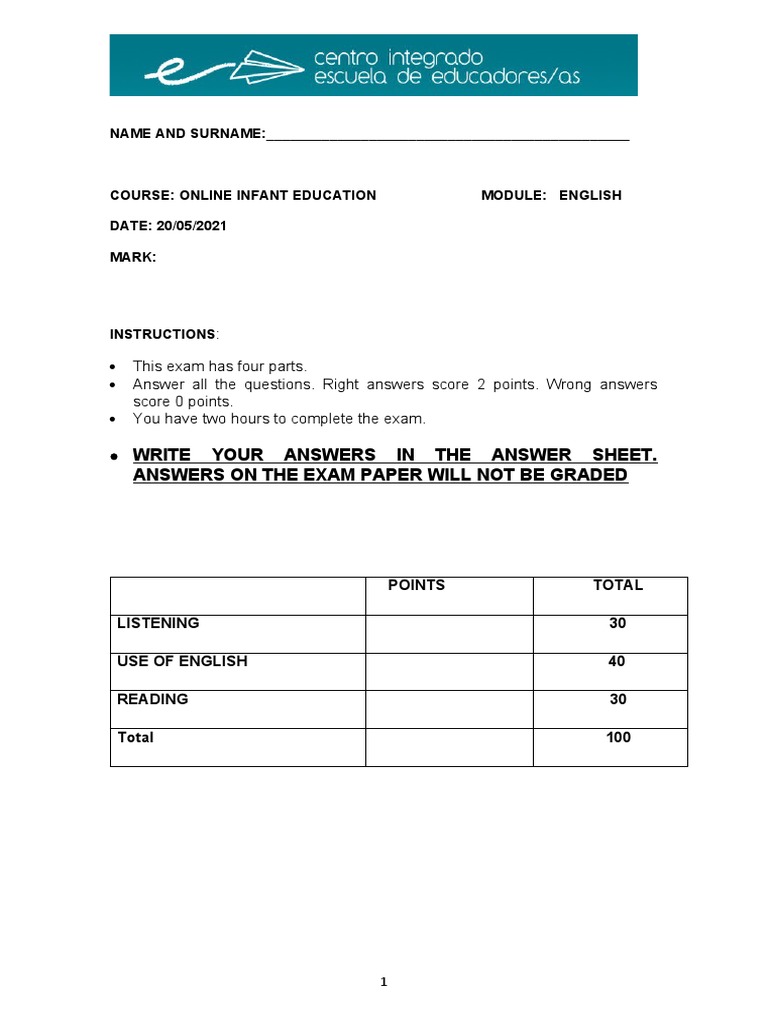 Online Infant Education English Exam | PDF | Photographer | Test ...