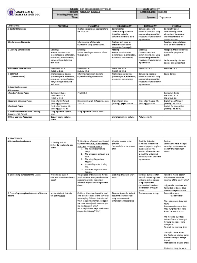Grade 6 Dll English 6 Q1 Week 1 Pdf English Language Poetry