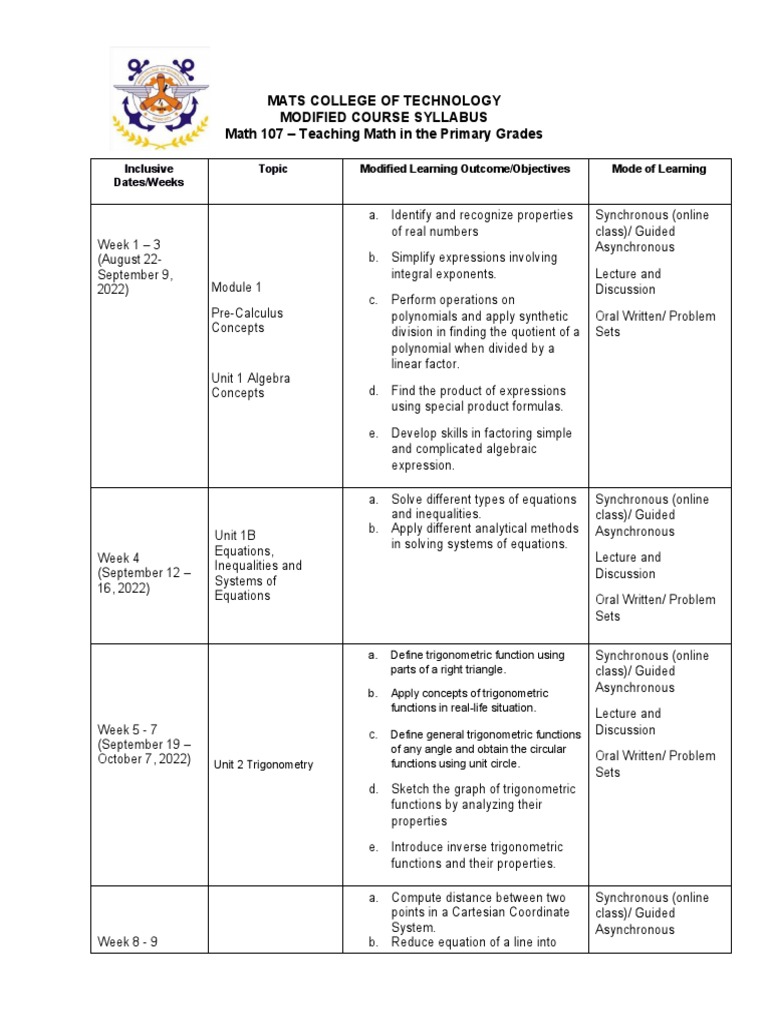 Math 107 Course Syllabus Overview | PDF | Function (Mathematics ...
