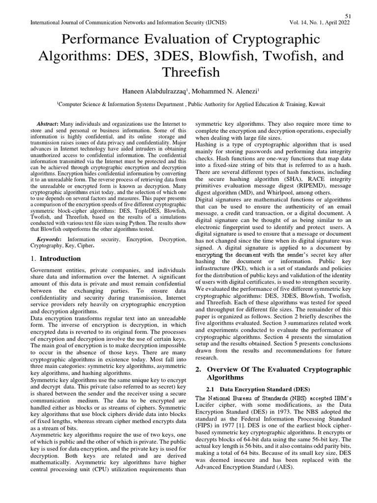 Performance Evaluation of Cryptographic Algorithms: DES, 3DES, Blowfish ...