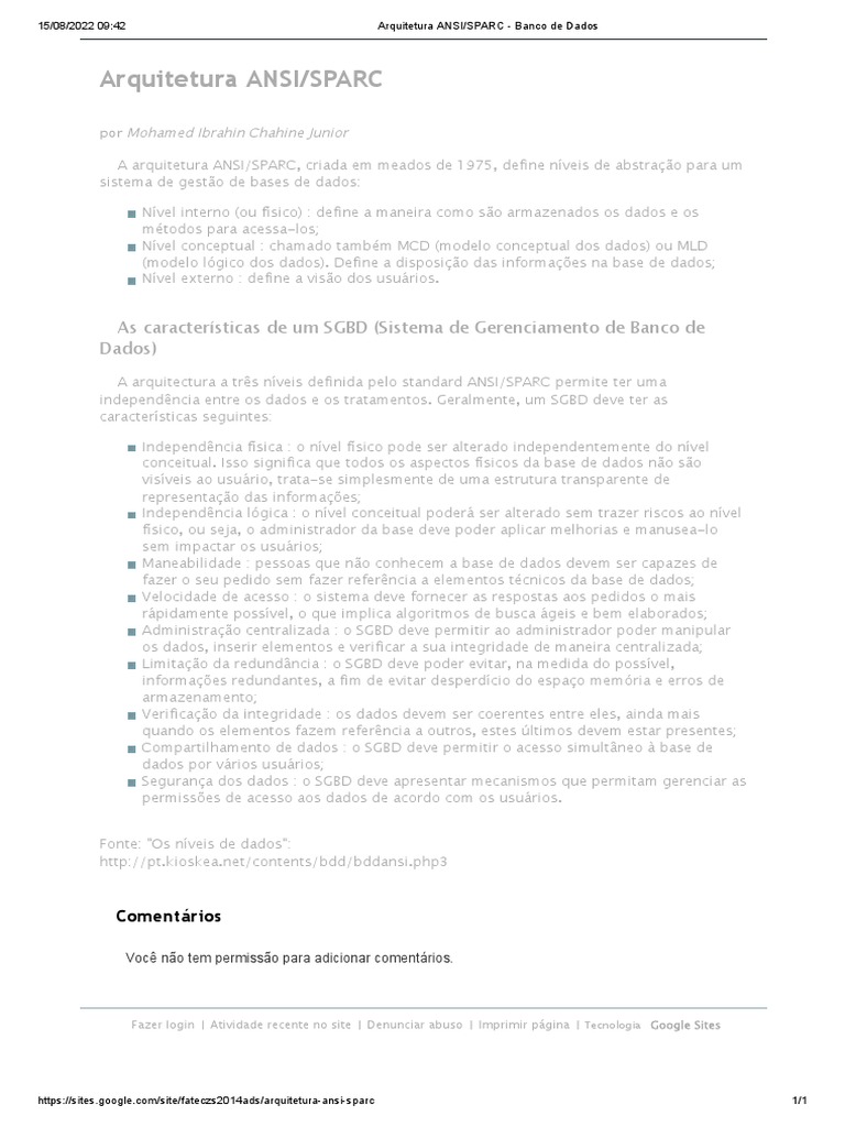 Arquitetura ANSI/SPARC em Banco de Dados | PDF | Bancos de dados | Dados
