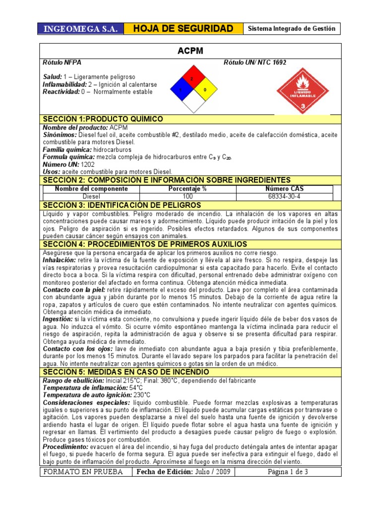 Hoja de Seguridad del ACPM 2023 | PDF | Agua | Combustión