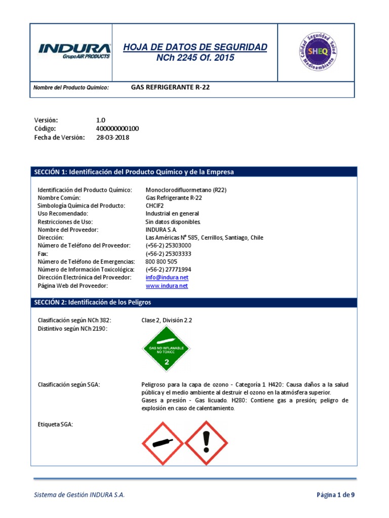Seguridad del Gas Refrigerante R-22 | PDF | Oxígeno | Agua