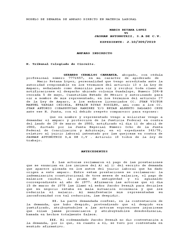 Modelo de Demanda de Amparo Directo en Materia Laboral | PDF | Testigo ...