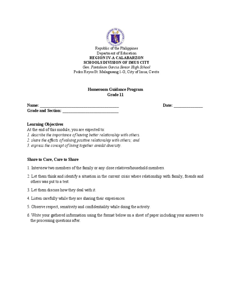 Homeroom Guidance Program Grade 11 Name: - Date: - Grade and Section ...