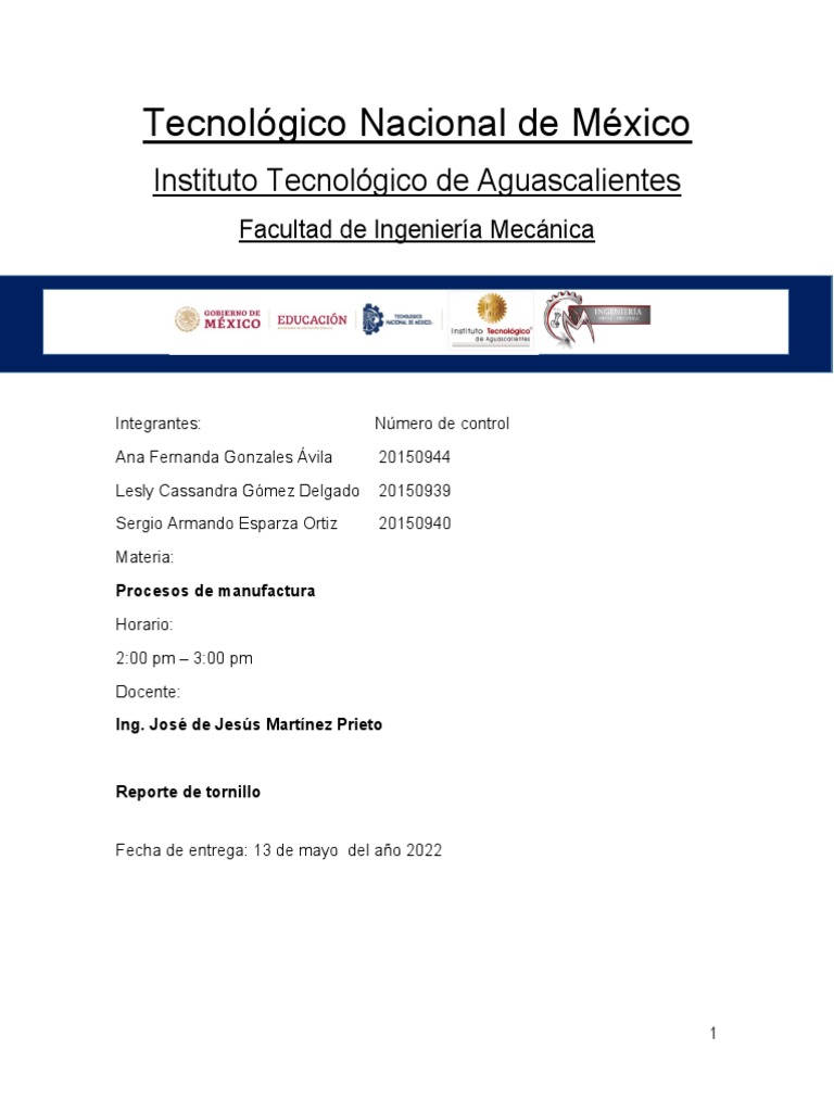 Reporte tornillo pdf ingenier a mec nica bienes manufacturados