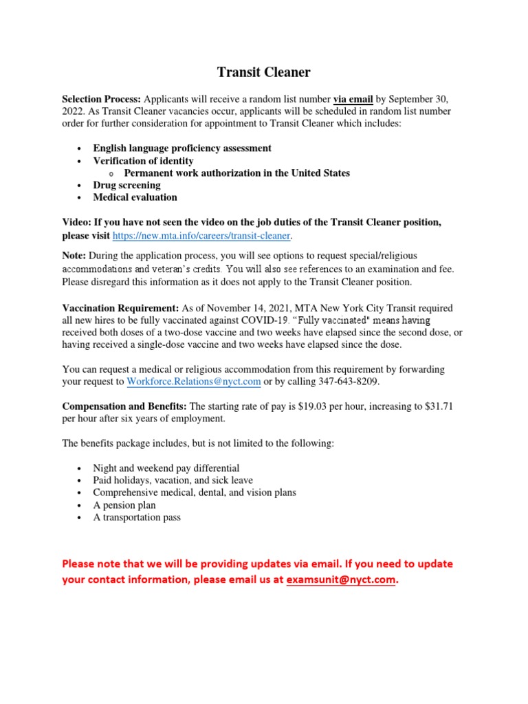 Transit Cleaner Exam Details PDF