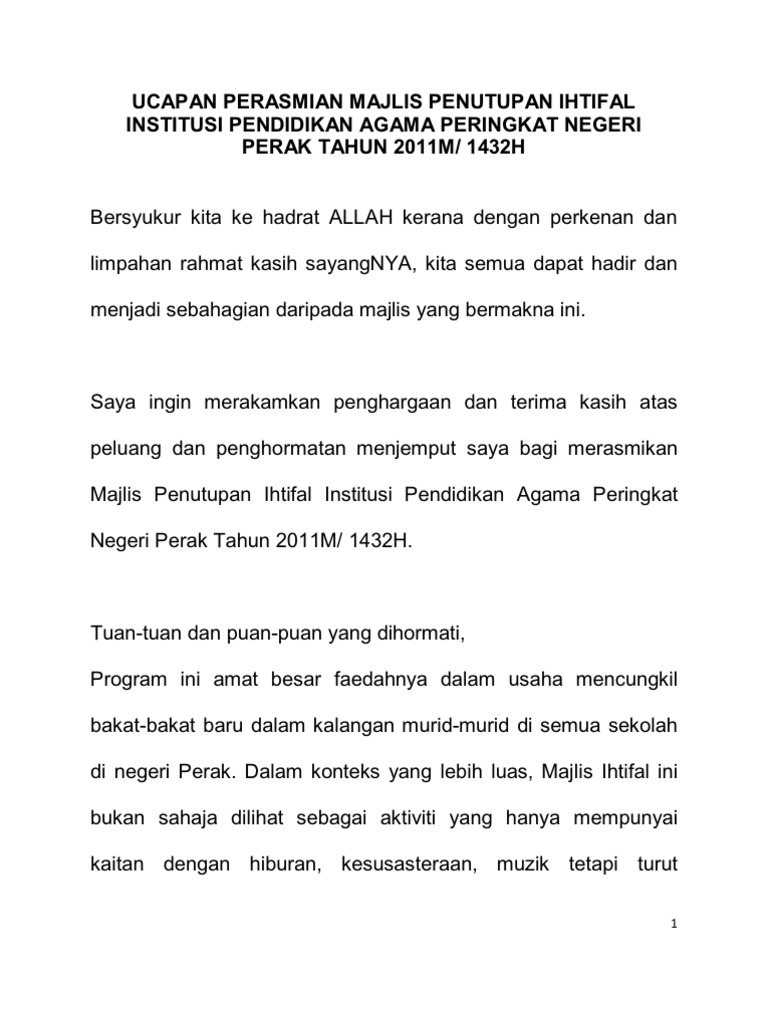 Teks Ucapan Sempena Majlis Ihtifal