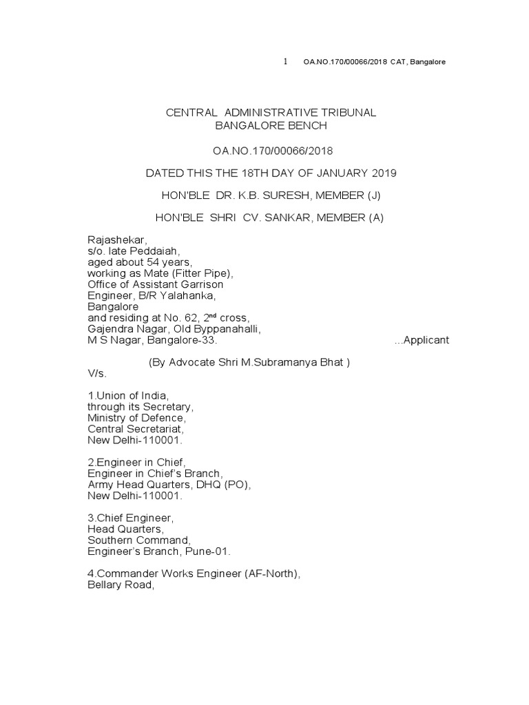 OA NO.170/00066/2018 CAT, Bangalore PDF Government