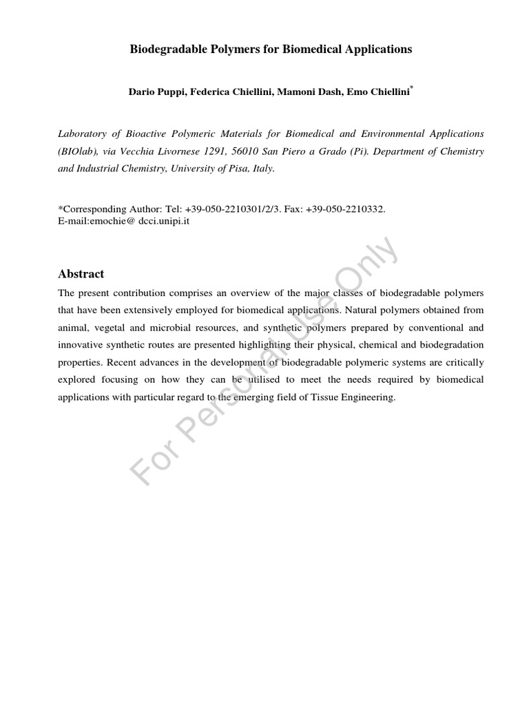 Biodegradable Polymers For Biomedical Ap | PDF | Tissue Engineering ...