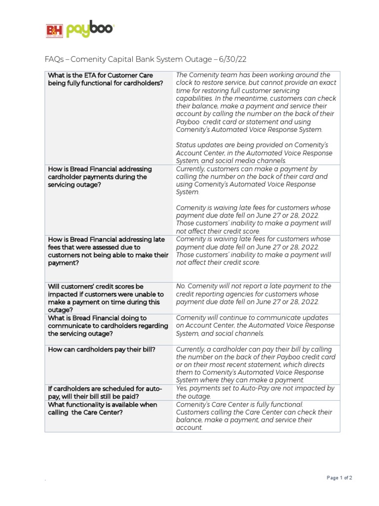 Faqs comenity capital bank system outage 6 30 22 page 1 of 2