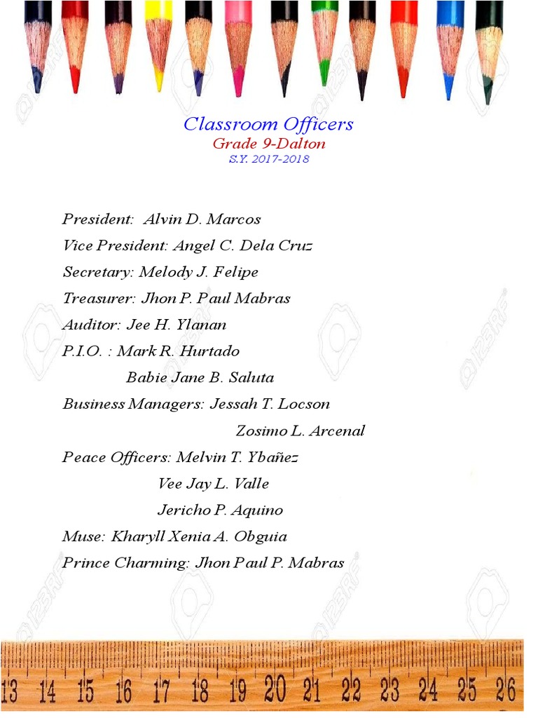 Grade 9 Classroom Officers List | PDF