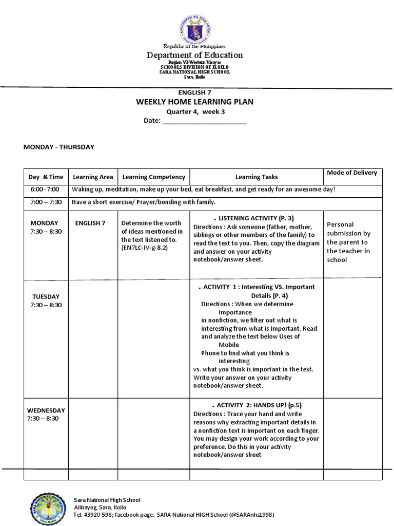 ENGLISHWEEKLYHOMELEARNINGPLANFORMODULARDISTANCELEARNING PDF