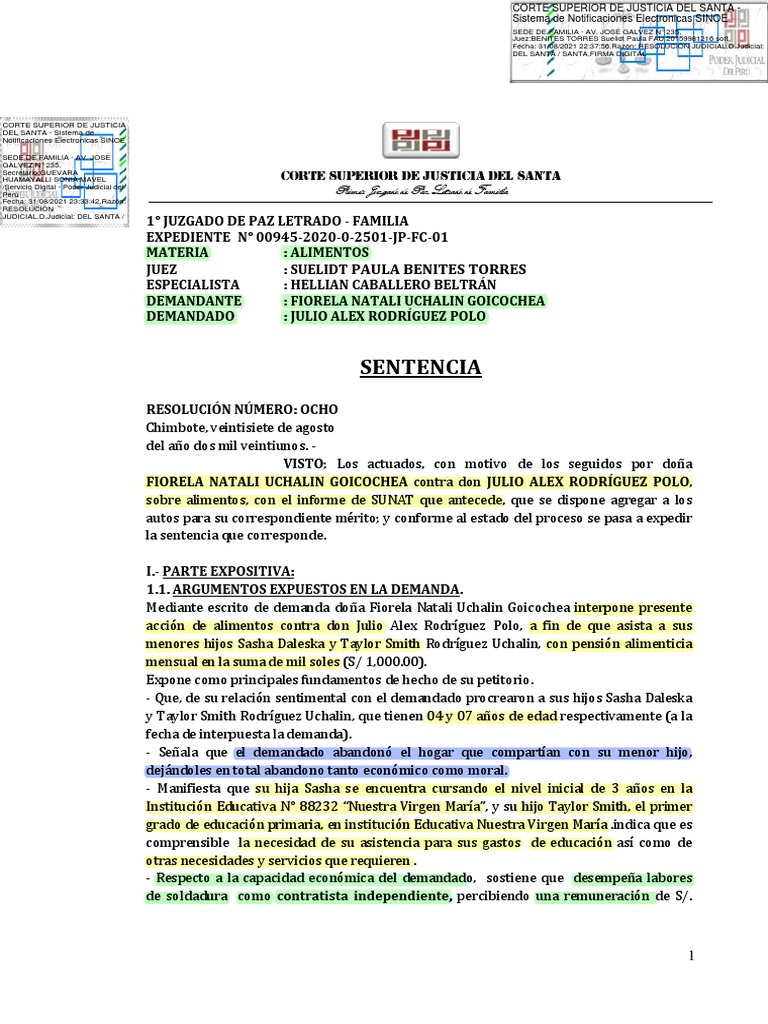 Sentencia de Alimentos PDF Pensión alimenticia Debido al proceso