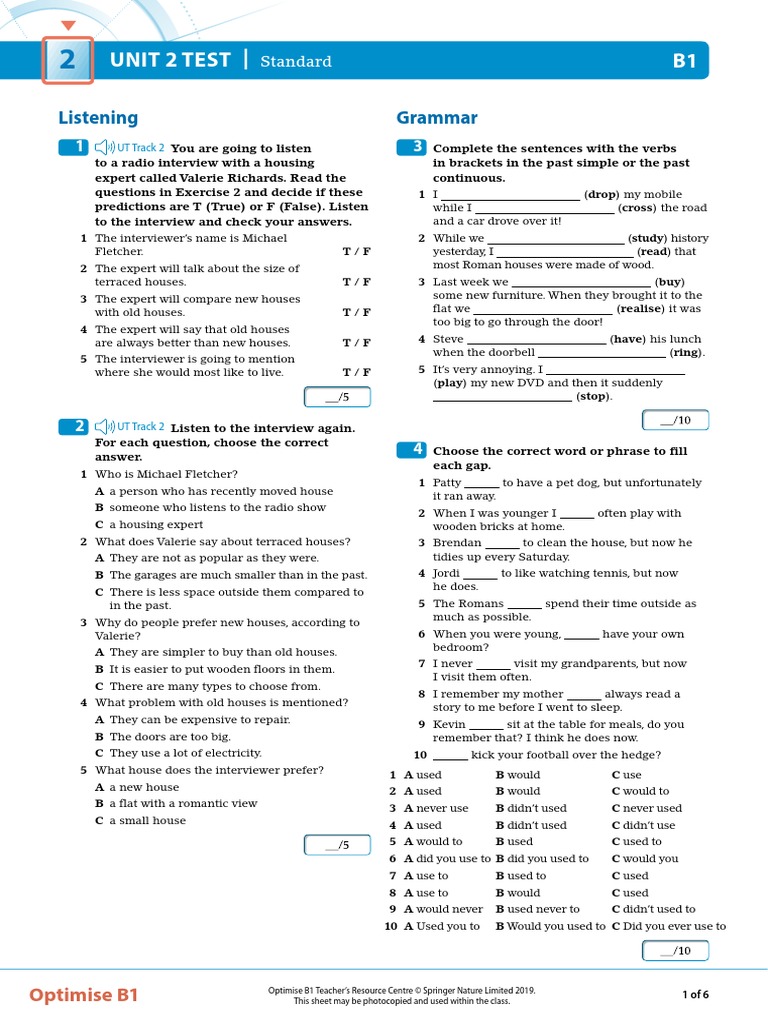 B1 Unit 2 Test - : Listening Grammar | PDF