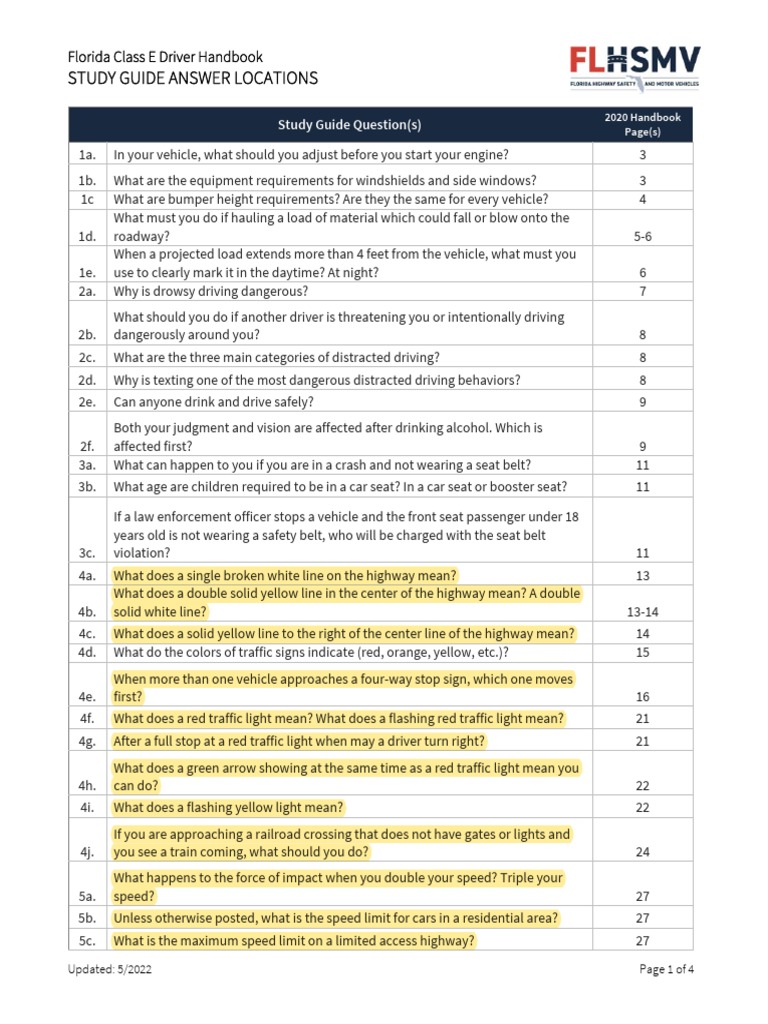 Study Guide Answer Locations Florida Class E Driver Handbook PDF