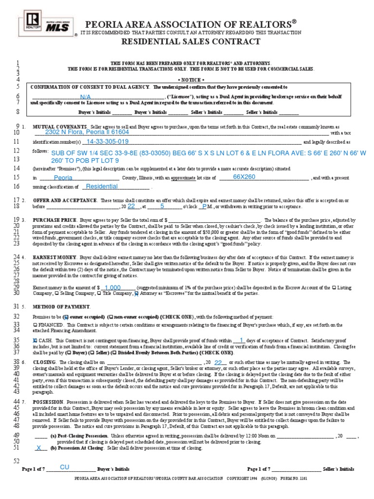 Peoria Area Association of Realtors: Residential Sales Contract | PDF ...