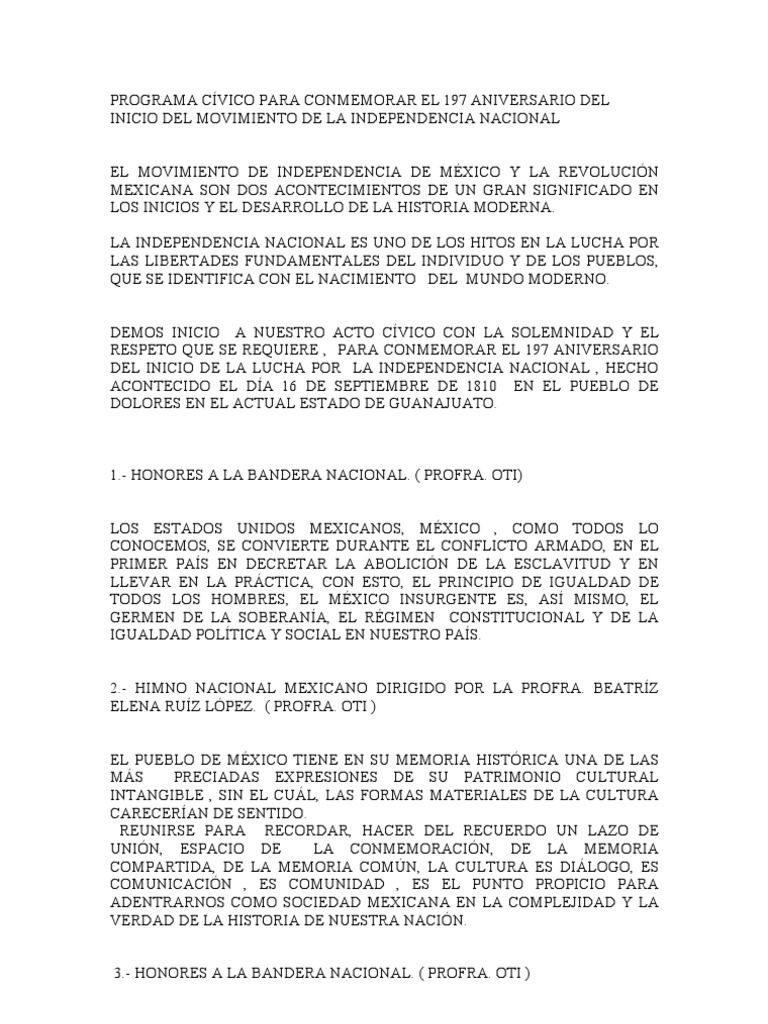 Programa Cívico 16 de Septiembre | PDF | México colonial | Virreinatos del  Imperio español