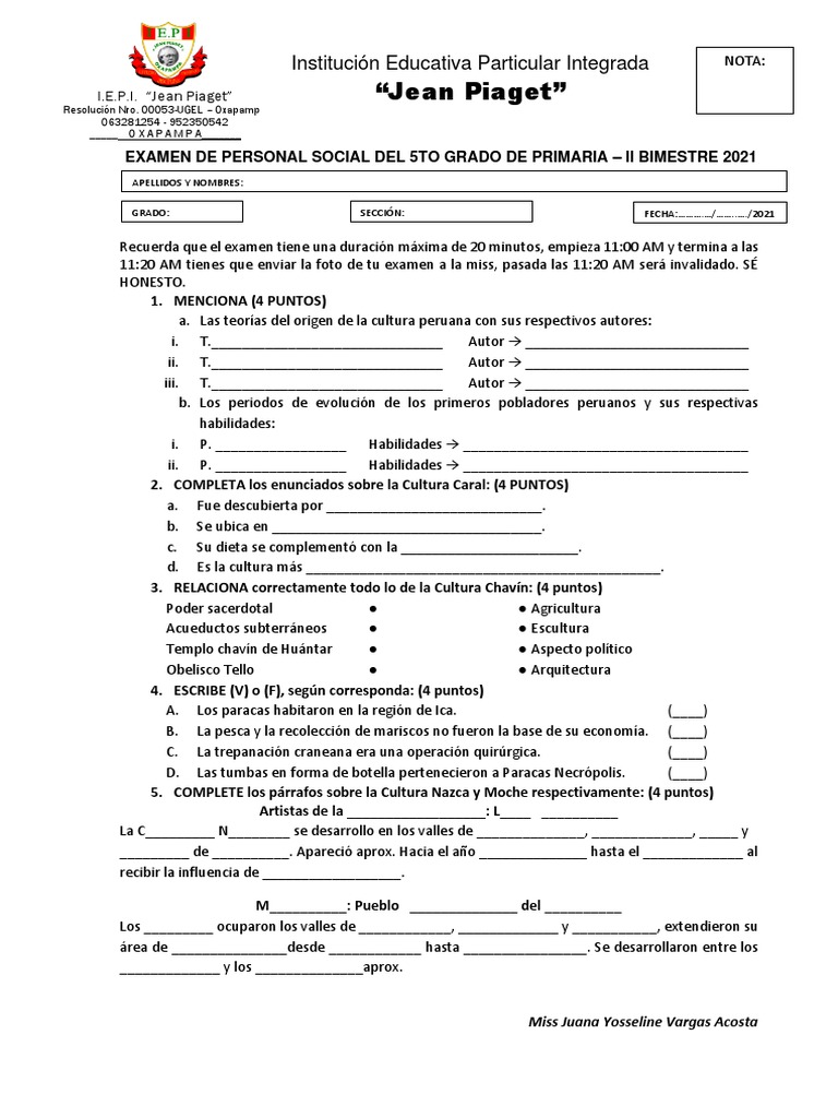 Personal Social Examen II Bimestre 2021 | PDF | Antropología cultural ...