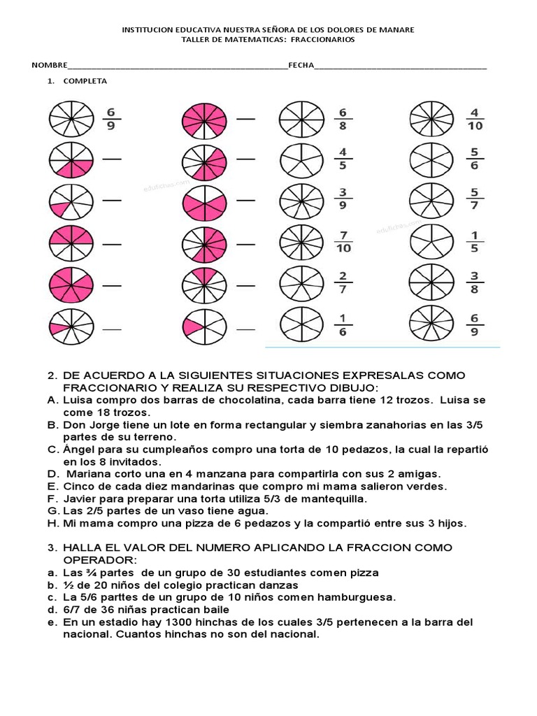 Taller de Fracciones para Cuarto Grado | PDF | Cocina, comidas y vino ...