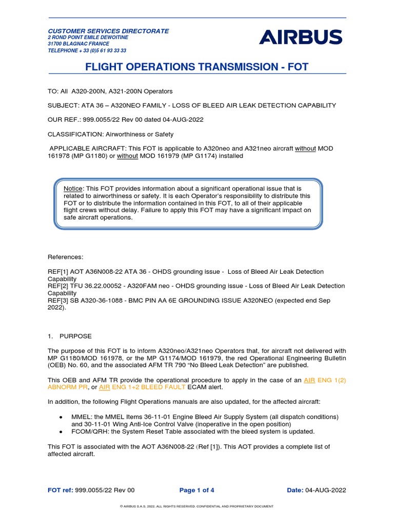 Fot99900552200 Loss of Bleed Air Leak Detection Capability PDF