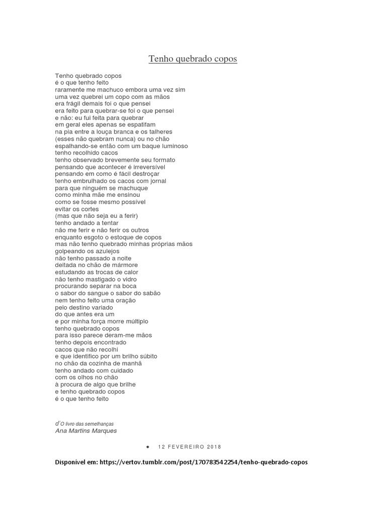 Quebrando Copos: Poema de Ana Martins | PDF