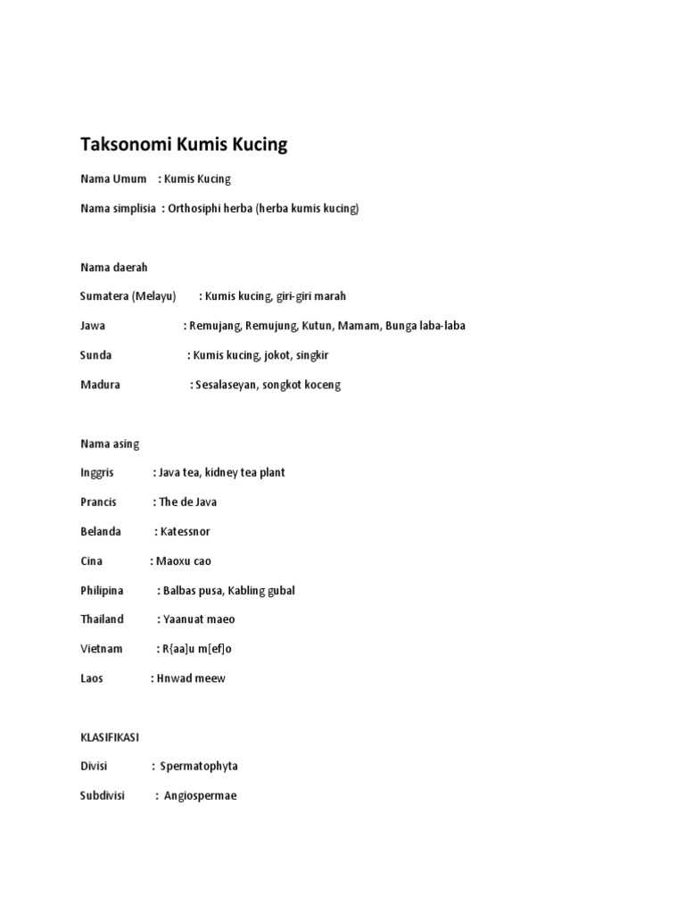 Taksonomi Kumis Kucing | PDF