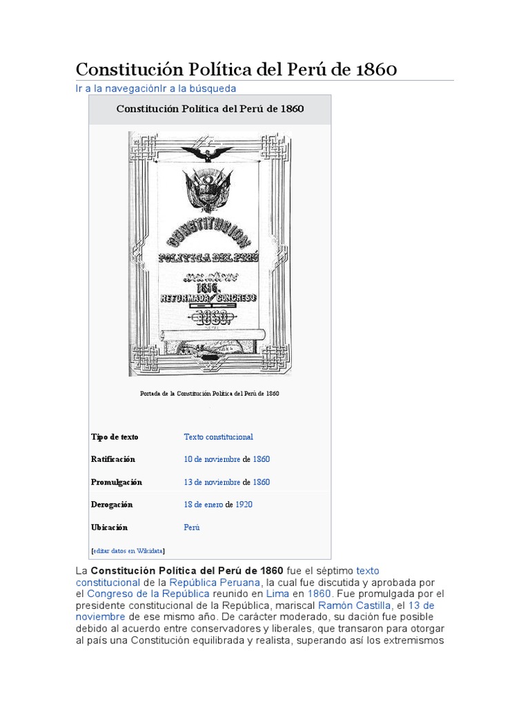 Constitución Política Del Perú de 1860 PDF Perú Constitución