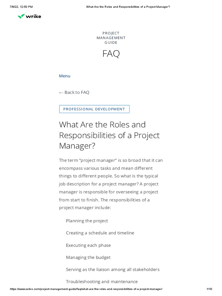 What Are The Roles and Responsibilities of A Project Manager | PDF ...
