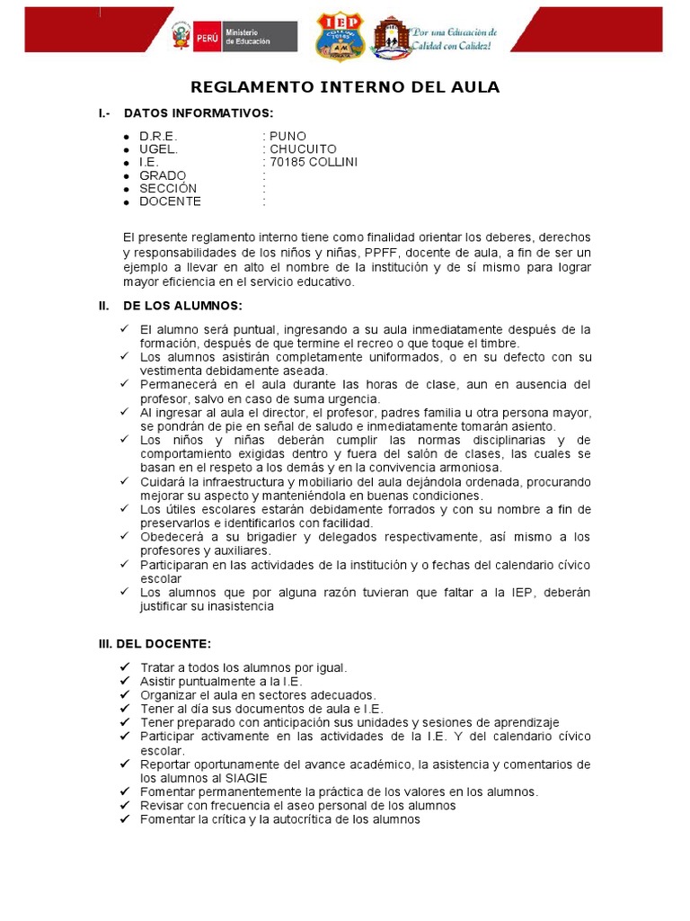 Reglamento Interno del Aula de Primaria | PDF | Salón de clases