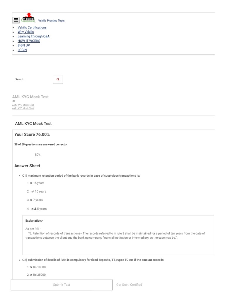 AML KYC Mock Test - Practice Tests | PDF | Money Laundering | Banks